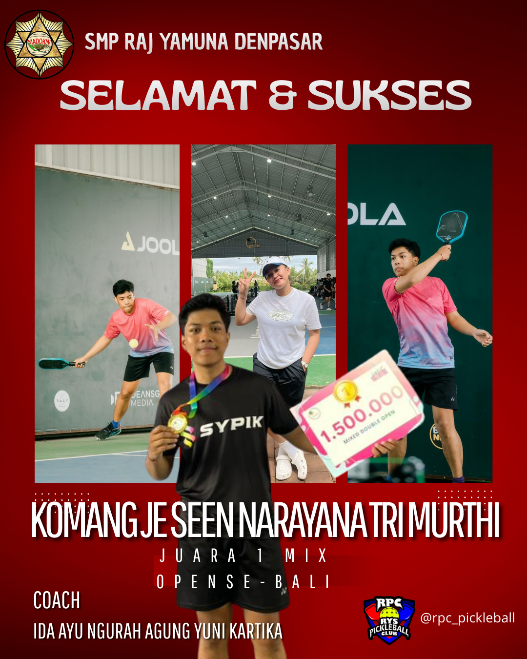 Dilatih Guru SMP Raj Yamuna Denpasar, Je Seen Narayana Raih Juara 1 Mix Open Se-Bali dan Siap Tembus Kejuaraan Open China